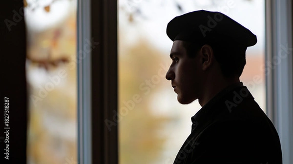 Obraz Man in beret standing by window with autumn view