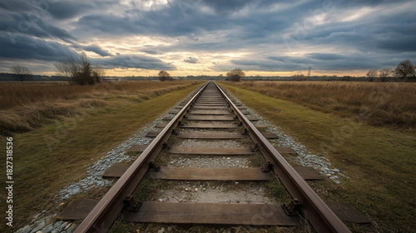 Obraz Railroad tracks stretching into horizon under cloudy sky