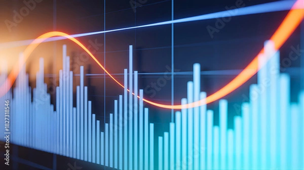Obraz Futuristic stock market chart with a glowing orange trend line and blue bar graph illustrating financial growth and data analysis