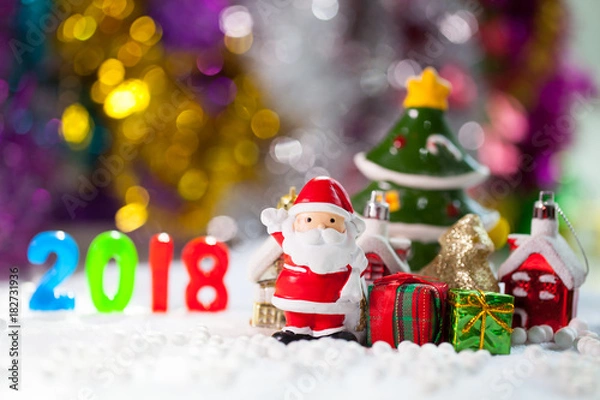 Fototapeta Christmas props decorations on christmas snow field background with copy space.Merry Christmas and happy new year concept.