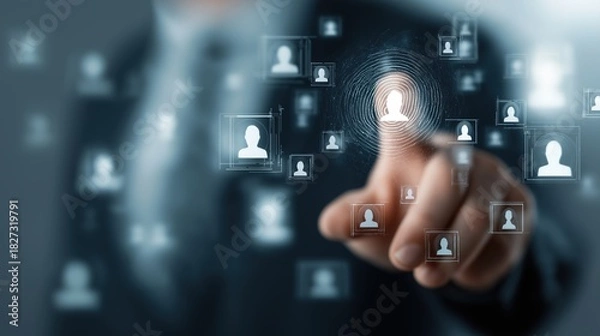 Obraz Security Expert Grasping Global Industry Icons, Faceless Professional in Digital Authentication, Enterprise Protection Mastery, with Placeholder Space