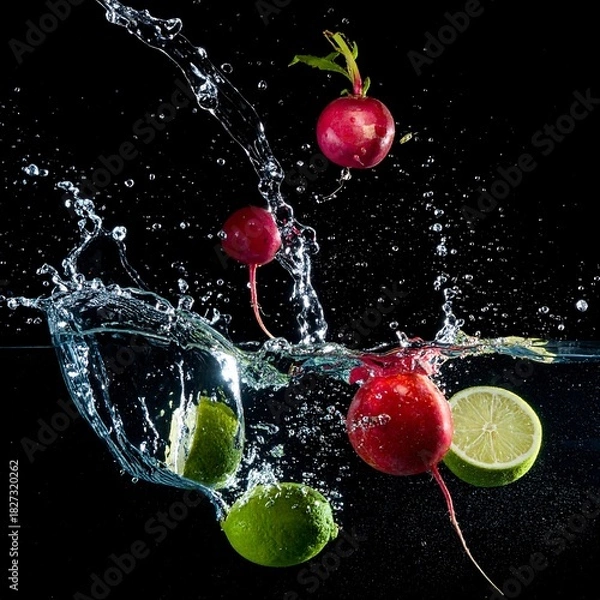 Obraz Radishes and limes erupting from water with splashes on black backdrop