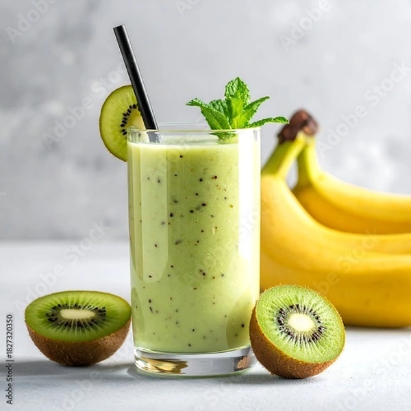 Obraz Refreshing green smoothie in a glass with kiwi and banana