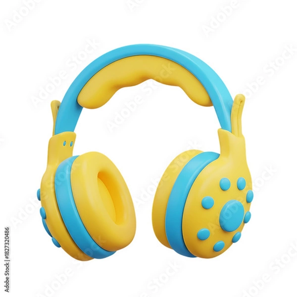 Fototapeta Bright yellow and blue children’s headphones with soft ear cushions and playful round design, perfect for kids’ music visuals, tech illustrations, isolated on a transparent background, png, cutout.