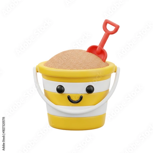 Fototapeta Bright yellow striped sand bucket with a smiling face and red plastic shovel, ideal for beach-themed designs, kids’ illustrations, and playful summer graphics, isolated on a transparent background