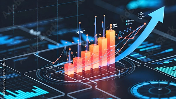 Obraz Rising Bar Chart with Upward Trend Arrow and Digital Data Display