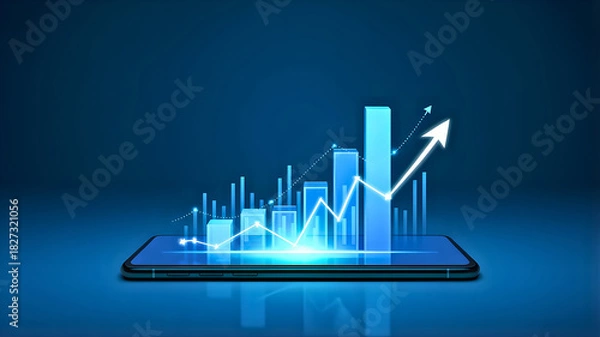 Obraz Digital Business Growth Concept Dynamic glowing bar chart with an upward arrow emerging from a smartphone screen, symbolizing financial success, market progress, and data analytics
