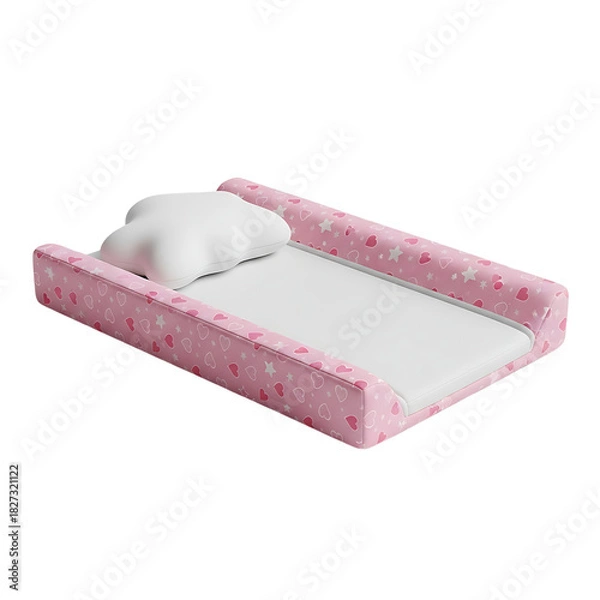 Fototapeta Soft pink baby mattress with side bumpers and a white pillow designed for infant comfort and nursery decoration, perfect for childcare product displays, isolated on a transparent background, png