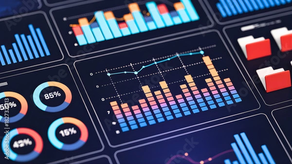 Obraz Financial data analytics on a digital dashboard interface showing business intelligence charts and graphs for market research
