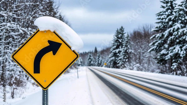 Fototapeta Right turn road sign with heavy snow – Symbol of direction and visibility challenges in winter