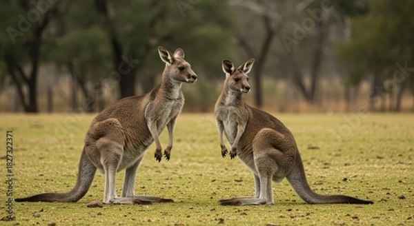Obraz Two kangaroos standing alertly in a grassy field, with trees in the background