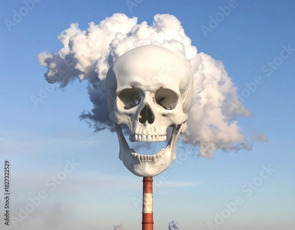 Obraz Skull atop smokestack, billowing pollution against a clear blue sky