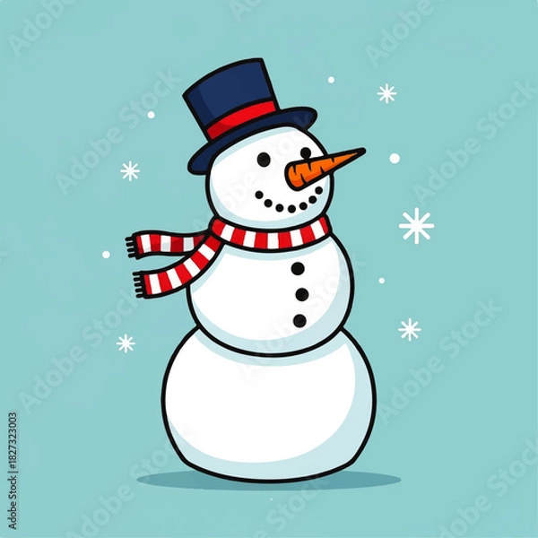 Obraz Cartoon snowman with a top hat and striped scarf stands against a blue background with snowflakes.