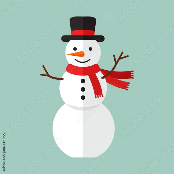Obraz Cartoon snowman with a red scarf and a black hat, standing against a light blue background.