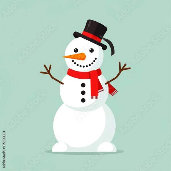 Obraz Cartoon snowman with a black hat and red scarf standing against a light blue background.
