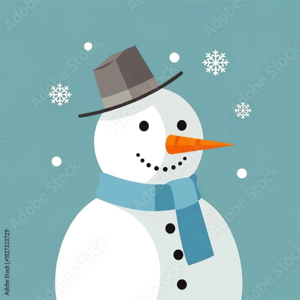 Obraz Cartoon snowman with hat and scarf surrounded by snowflakes on a blue background.