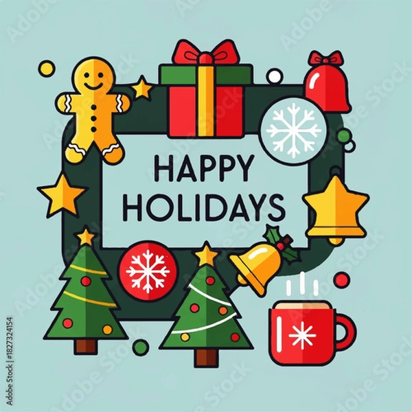 Obraz Festive "Happy Holidays" graphic with gingerbread man, gifts, trees, snowflakes, bells, and a mug, all framed in a dark green border.