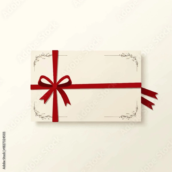 Obraz A gift card wrapped with a red ribbon and bow, adorned with decorative floral elements.