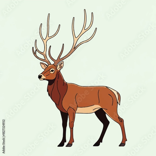 Obraz Illustration of a majestic brown deer with large antlers standing against a light background.