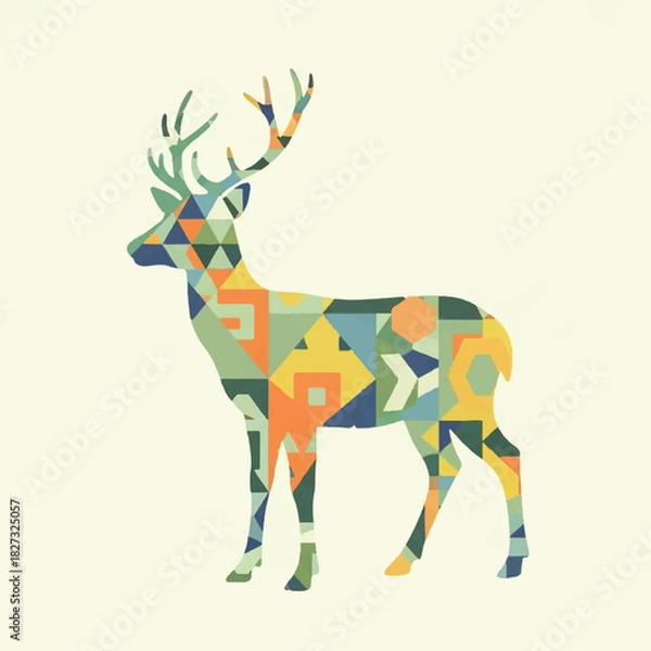Obraz Geometric deer illustration with colorful triangle and square patterns on a light background.