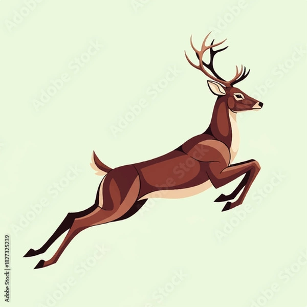 Obraz Illustration of a brown deer with large antlers leaping forward against a light green background.