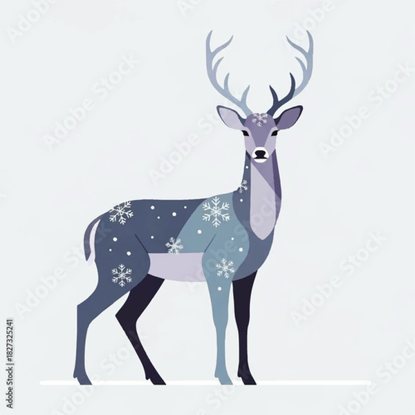Obraz Stylized illustration of a deer with snowflakes on its body, standing against a white background.