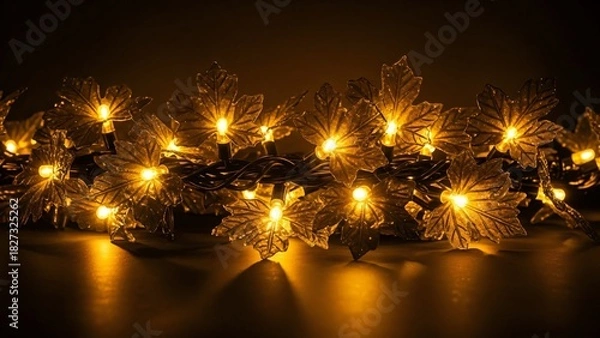 Fototapeta Close-up of Warm Yellow Leaf-shaped String Lights on a Dark Surface