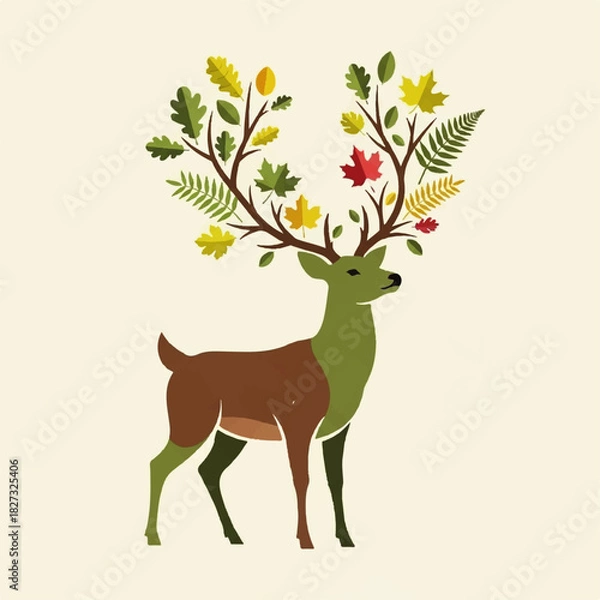Obraz Stylized deer illustration with antlers adorned with colorful autumn leaves and ferns.