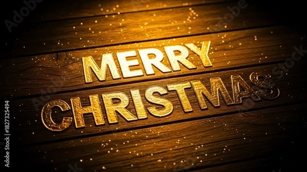Fototapeta Golden Merry Christmas Text on Rustic Wooden Background with Sparkles