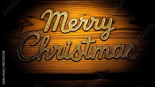 Fototapeta Golden Merry Christmas Text on Wooden Background with Vignette Effect