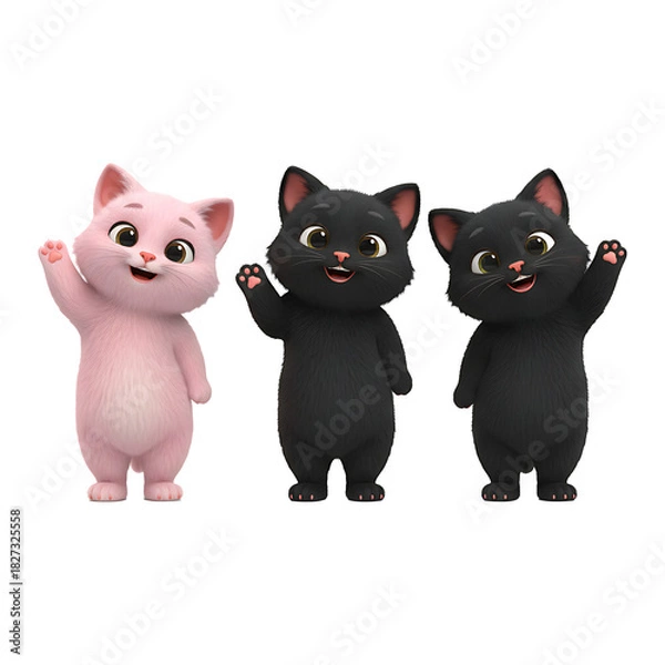 Obraz Three Cute 3D Cartoon Kittens Waving Hello