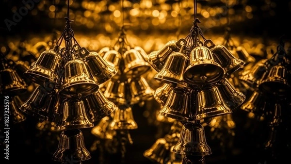 Fototapeta Golden Bells Hanging in a Festive, Bokeh-lit Display