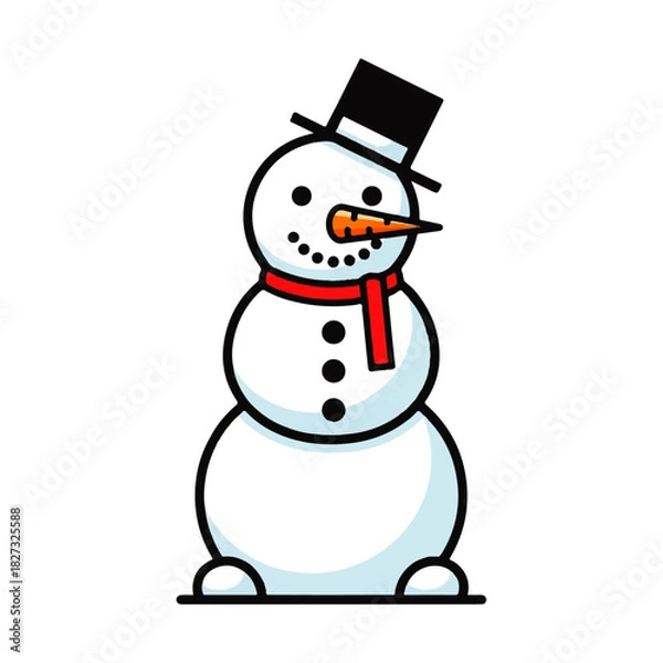 Obraz Cartoon snowman with a black hat and a red scarf, isolated on a white background.