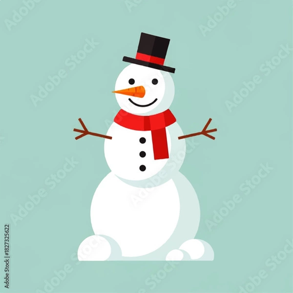 Obraz Cartoon snowman with a black hat, red scarf, carrot nose, and stick arms on a light blue background.