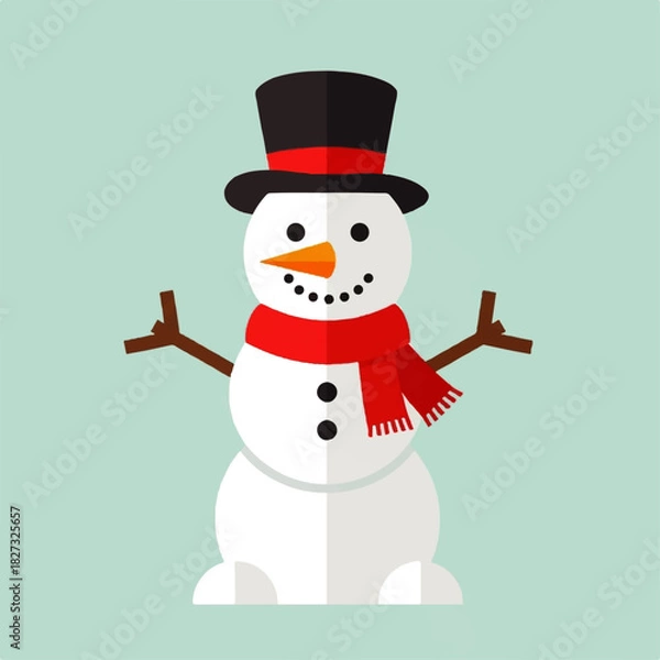 Obraz A cheerful snowman with a black hat, red scarf, and stick arms, smiling.