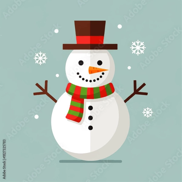 Obraz A cheerful snowman with a festive scarf and top hat, surrounded by snowflakes.