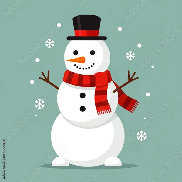 Obraz Illustration of a cheerful snowman wearing a red scarf and a black top hat, surrounded by snowflakes.