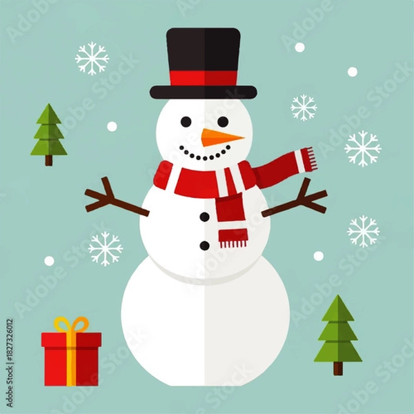 Obraz A cheerful snowman with a hat, scarf, and snowflakes in a winter scene.