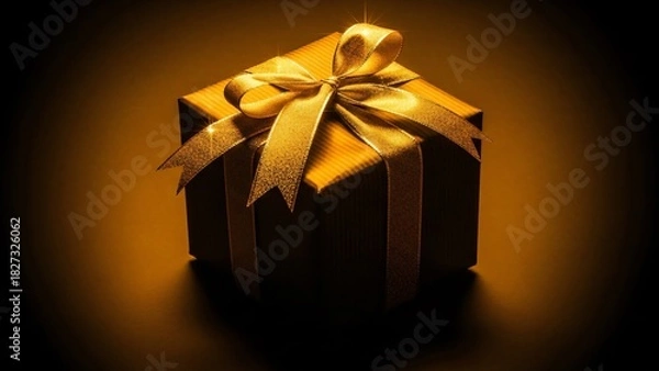 Fototapeta Elegant Golden Gift Box with Shimmering Ribbon and Dramatic Lighting