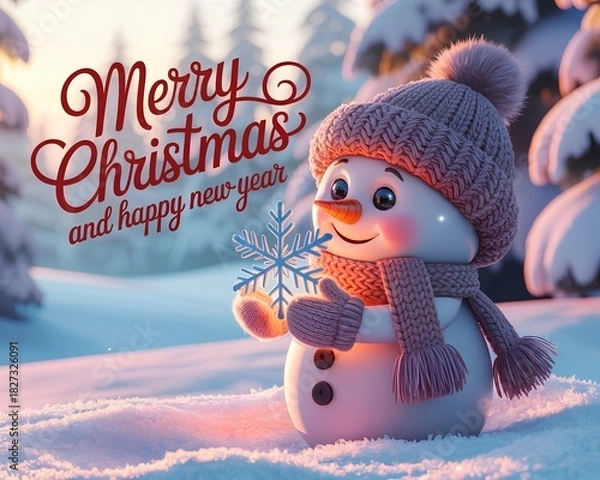 Fototapeta A whimsical winter illustration of a cute snowman holding a glowing snowflake with dreamy forest light, soft snowfall, and elegant festive Merry Christmas and Happy New Year lettering