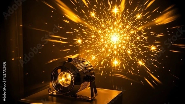 Fototapeta Golden Light Projector Emitting Starburst Pattern on Dark Wall