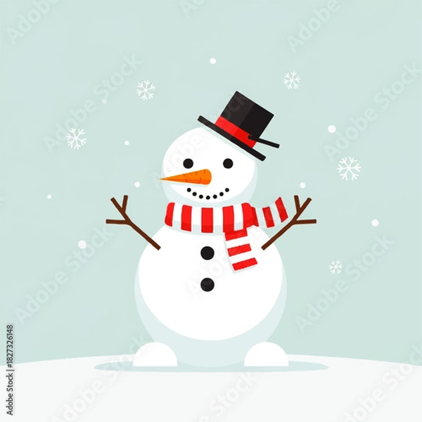Obraz Cartoon snowman with a black hat and striped scarf stands in the snow as snowflakes fall.