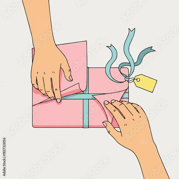 Obraz Two hands carefully wrapping a pink gift box with a blue ribbon.