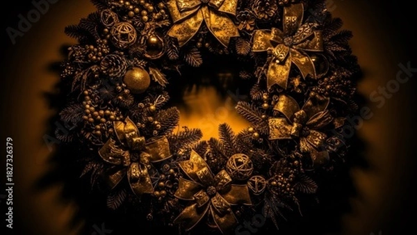 Fototapeta Luxurious Golden Christmas Wreath with Pine Cones and Ornaments