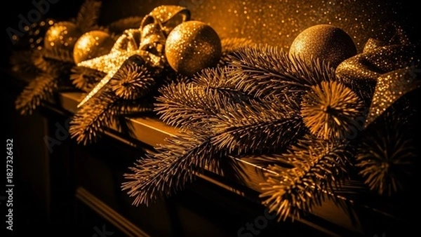 Fototapeta Elegant Golden Christmas Ornaments and Pine Branches with Bokeh Lights