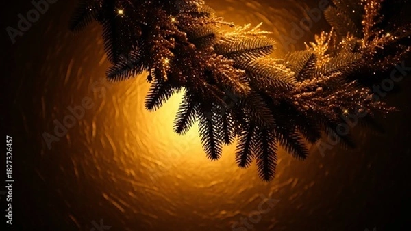 Fototapeta Sparkling Gold Christmas Wreath Close-up with Warm Bokeh Background