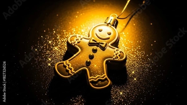 Fototapeta Golden Gingerbread Man Ornament with Sparkly Glitter and Bokeh Effect