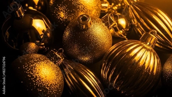 Fototapeta Close-up of Golden Christmas Ornaments with Glitter and Reflections