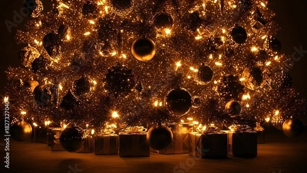 Fototapeta Warm Glow of a Decorated Christmas Tree with Gifts Below