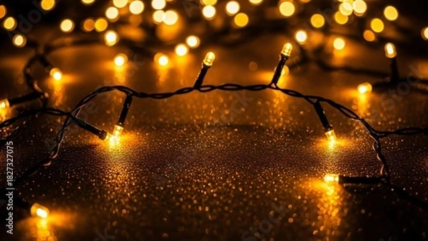 Fototapeta Warm Glowing Yellow Christmas String Lights on a Textured Surface